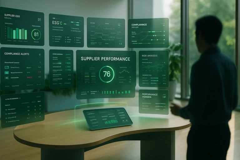 Salle de contrôle numérique futuriste, représentant la gestion du cycle de vie fournisseur, avec des panneaux de données semi-transparents organisés en grille neuronale intelligente. Chaque panneau affiche des informations sur la conformité, l’évaluation des risques, le statut ESG, et les indicateurs de performance. Les écrans verticaux forment un mur structuré, avec de légers reflets verts et une lumière naturelle filtrée par un puits de lumière. Une personne floue analyse les données au centre. Des touches de végétation et éléments en bois clair réchauffent l’ambiance tech. Ambiance : clarté, intelligence, gouvernance intégrée. Format 16:9