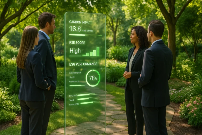 Un espace de travail moderne et éco-responsable, entouré de végétation, avec un grand tableau de bord transparent affichant des indicateurs d’empreinte carbone, des scores de maturité RSE fournisseurs, et des barres de progression. Une lumière naturelle douce pénètre par de larges baies vitrées, avec en arrière-plan des plantes vertes luxuriantes. Une carte du monde sur le mur montre les localisations fournisseurs avec des points de données verts. Ambiance : innovation responsable, engagement environnemental, transparence des données. Rendu photoréaliste, accents verts, langage visuel ESG d’entreprise. Format 16:9.