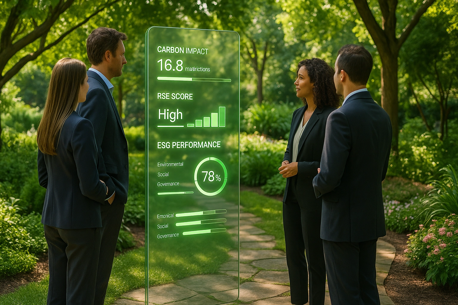 Un espace de travail moderne et éco-responsable, entouré de végétation, avec un grand tableau de bord transparent affichant des indicateurs d’empreinte carbone, des scores de maturité RSE fournisseurs, et des barres de progression. Une lumière naturelle douce pénètre par de larges baies vitrées, avec en arrière-plan des plantes vertes luxuriantes. Une carte du monde sur le mur montre les localisations fournisseurs avec des points de données verts. Ambiance : innovation responsable, engagement environnemental, transparence des données. Rendu photoréaliste, accents verts, langage visuel ESG d’entreprise. Format 16:9.