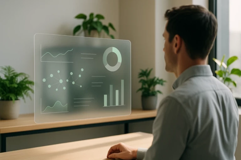 A bright, modern workspace scene in 16:9 format, focused on third-party governance and KPI monitoring. A sleek semi-transparent interface hovers in the foreground with abstract, minimalist data visualizations (no text). A softly blurred human silhouette is interacting with the display, seated or standing slightly off-center. The room has light wooden surfaces (10% max), a mix of soft neutral tones (beige, light grey), and a touch of dark elements for contrast (matte black or charcoal details). Green plants (pothos, ferns) are visible in the background or on the desk, adding subtle vitality. Natural daylight fills the space from the side, creating a warm, inviting and balanced atmosphere. No branding, no logos.