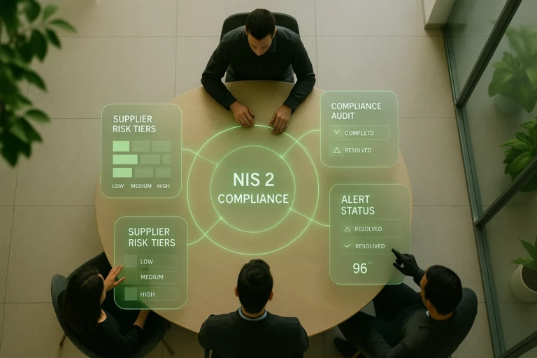 A photorealistic aerial view of a modern cyber risk coordination room designed around NIS 2 standards. A round collaborative desk at the center features floating translucent dashboards displaying supplier risk tiers, compliance audit stats, and alert status in green UI. Thin glowing lines link the main node to satellite panels. Matte white and wood finishes, soft indoor greenery, and ambient daylight complete the scene. Mood: modern, connected, regulatory-focused. Created using glibatree prompt, cyber risk visual theme, photoreal UI layering, enterprise interior styling, ambient green overlays, soft diffusion lighting --ar 16:9