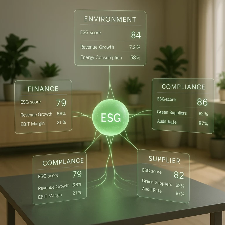 A photorealistic ESG data hub room with a glowing green orb at the center representing connected sustainability domains—environment, finance, compliance, and suppliers. Transparent floating dashboards display real-time ESG KPIs with green highlight indicators. Natural daylight softly fills the room, which includes indoor plants, clean matte textures, and light wood furniture. Mood is transparent, efficient, and future-ready. Created using glibatree prompt, photoreal render engine, ESG visualization style, tech + nature fusion, soft UI overlays, ambient light balance, sustainable design materials --ar 16:9
