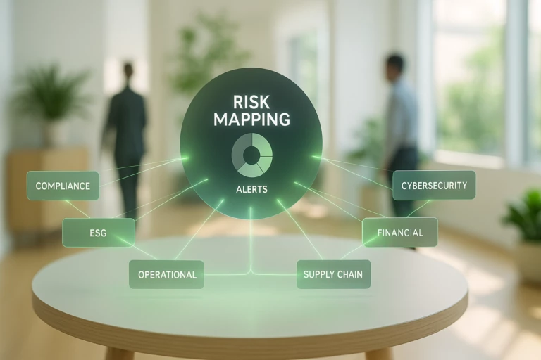 Scène tech photo-réaliste représentant un tableau de bord intelligent de cartographie des risques connecté à divers nœuds de risques tiers (conformité, cybersécurité, ESG, etc.) via des lignes de connexion vertes lumineuses. Une interface circulaire de pilotage centralisé affiche une vue d’ensemble de la distribution des risques et des alertes. L’environnement est lumineux, baigné de lumière naturelle, avec des ombres douces, une architecture claire, des touches de bois et des plantes floutées en arrière-plan. Une ou deux silhouettes humaines apparaissent à l’arrière-plan. Ambiance : intelligente, structurée, collaborative, claire. Créé avec un style visuel d’interface d’entreprise, des surlignages verts doux, des éléments d’éclairage chaleureux, glibatree prompt, format 16:9.
