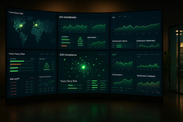 Vue photo-réaliste cinématographique d’un mur média géant vu de face dans une salle de surveillance. Des dizaines d’écrans haute définition affichent des flux d’actualités en temps réel, des alertes de réputation liées aux tiers, des graphiques d’analyse de sentiment et des indicateurs de risque, avec des surlignages verts. La pièce est faiblement éclairée, avec une lumière d’ambiance douce mettant en valeur le mur d’écrans. Au premier plan, un bureau en bois et une plante verte floutée sont visibles. Aucun humain n’est directement représenté, mais la présence est suggérée (fauteuil, main floue…). Ambiance : concentrée, vigilante, légèrement sombre mais pas froide, analyse stratégique avec touches vertes. Créé avec une esthétique de salle de veille entreprise, glibatree prompt, format 16:9.