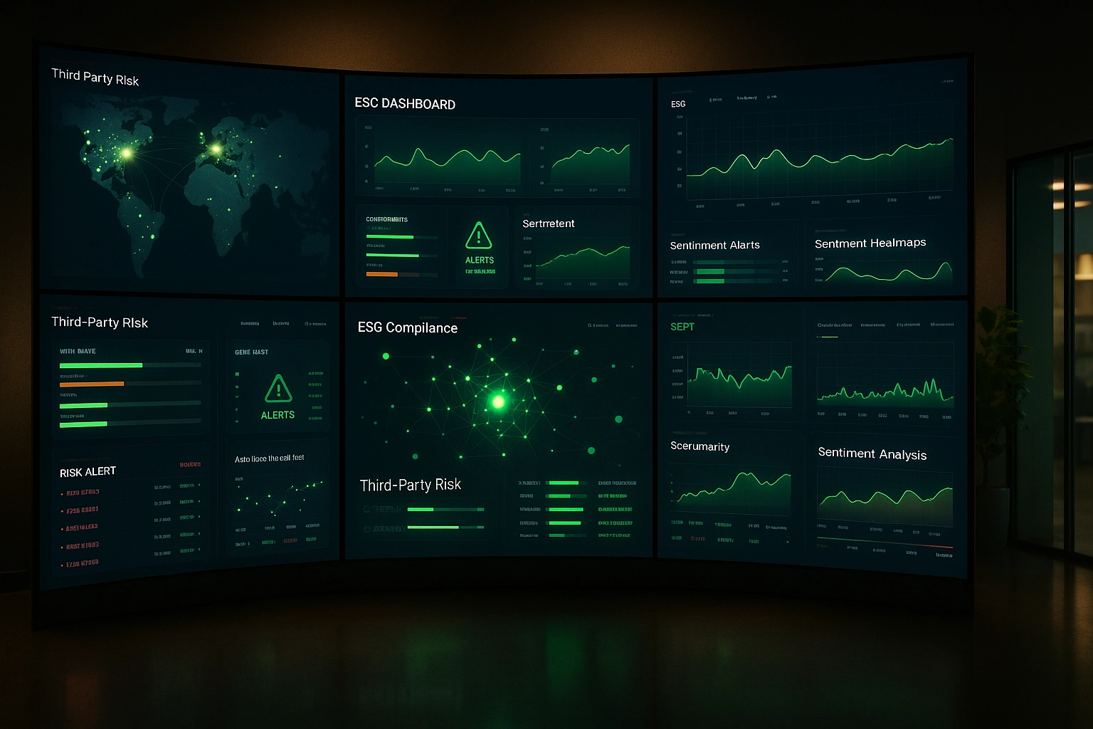 Vue photo-réaliste cinématographique d’un mur média géant vu de face dans une salle de surveillance. Des dizaines d’écrans haute définition affichent des flux d’actualités en temps réel, des alertes de réputation liées aux tiers, des graphiques d’analyse de sentiment et des indicateurs de risque, avec des surlignages verts. La pièce est faiblement éclairée, avec une lumière d’ambiance douce mettant en valeur le mur d’écrans. Au premier plan, un bureau en bois et une plante verte floutée sont visibles. Aucun humain n’est directement représenté, mais la présence est suggérée (fauteuil, main floue…). Ambiance : concentrée, vigilante, légèrement sombre mais pas froide, analyse stratégique avec touches vertes. Créé avec une esthétique de salle de veille entreprise, glibatree prompt, format 16:9.