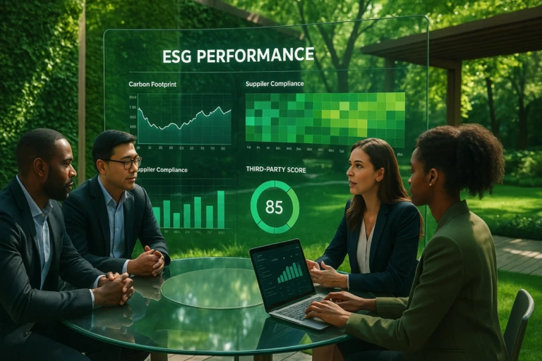 A photorealistic image of a collaborative ESG meeting outdoors, showing diverse executives around a curved glass table with embedded screens. Behind them, a large transparent digital wall displays ESG performance dashboards including carbon footprint graphs, supplier compliance heatmaps, and scorecards. Surrounded by vertical plant walls, green lawn, and wooden pergolas. Dappled daylight filtering through trees, green ambient glow, light breeze effect. Created Using: natural daylight simulation, outdoor enterprise interface, wood and plant textures, Nikon D850 lens, sustainable design palette, ultra-fine detail rendering, cinematic bokeh, soft ambient shadows, realistic digital overlays, biophilic design patterns, glibatree prompt, wide-angle lens effect, motion blur hints --ar 16:9