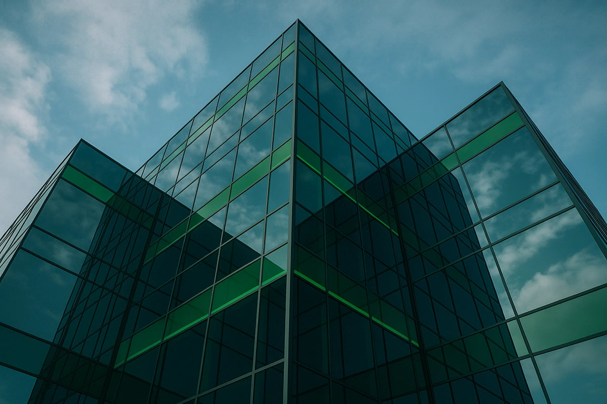 A dramatic low-angle digital photograph of a modern glass tower with ultra-clean lines and mirrored surfaces. The symmetrical facade reflects the sky and soft white clouds. Green lighting and beam highlights subtly integrate into the architecture. High contrast with sharp edges and deep glass reflections. No people. Scene suggests sustainable renewal, control, and forward-thinking governance. Created Using: architectural visualization rig, glibatree prompt, symmetrical framing grid, dynamic sky reflection system, green LED facade markers, precision light modeling, cinematic contrast boost, HDR realism tools --ar 16:9