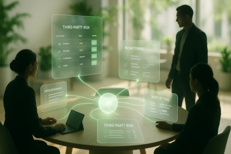 Représentation photo-réaliste d’un système sécurisé de partage de données interconnectées utilisé pour l’évaluation des risques tiers. Des dashboards translucides flottants sont reliés entre eux par des traînées lumineuses vertes douces, formant un réseau collaboratif entre plusieurs entités. Éclairage ambiant doux avec un fond lumineux, architecture claire, textures bois discrètes, et plantes d’intérieur floutées en arrière-plan. Des silhouettes de professionnels suggèrent la collaboration sans être centrales dans l’image. Ambiance : ouverte, structurée, responsable, efficace. Créé avec un éclairage d’entreprise doux, des éléments d’interface transparents, des flux de données verts, un environnement technologique humanisé, glibatree prompt, format 16:9.