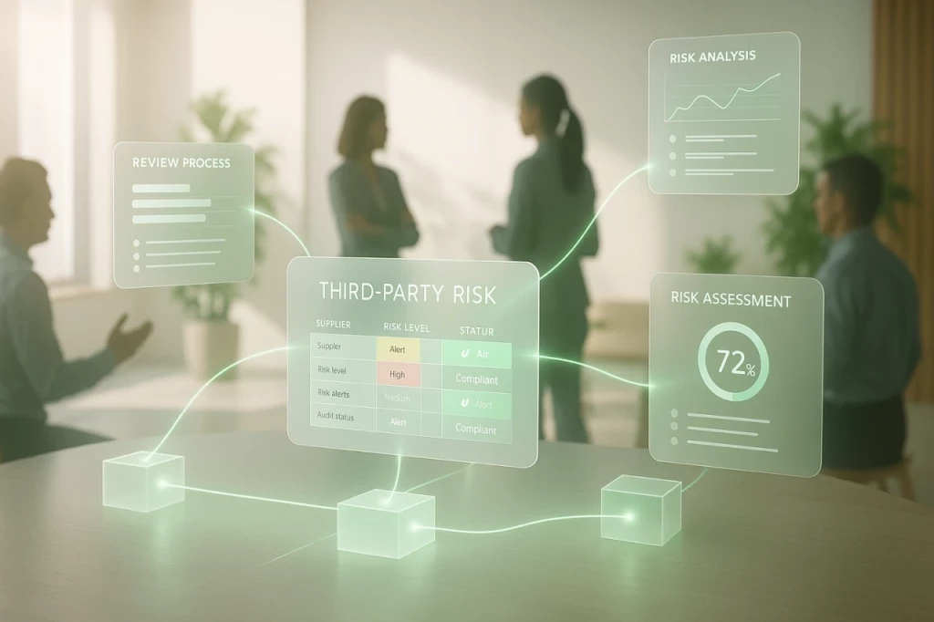 Repr&eacute;sentation photo-r&eacute;aliste d&rsquo;un syst&egrave;me s&eacute;curis&eacute; de partage de donn&eacute;es interconnect&eacute;es utilis&eacute; pour l&rsquo;&eacute;valuation des risques tiers. Des dashboards translucides flottants sont reli&eacute;s entre eux par des tra&icirc;n&eacute;es lumineuses vertes douces, formant un r&eacute;seau collaboratif entre plusieurs entit&eacute;s.
&Eacute;clairage ambiant doux avec un fond lumineux, architecture claire, textures bois discr&egrave;tes, et plantes d&rsquo;int&eacute;rieur flout&eacute;es en arri&egrave;re-plan.
Des silhouettes de professionnels sugg&egrave;rent la collaboration sans &ecirc;tre centrales dans l&rsquo;image.
Ambiance : ouverte, structur&eacute;e, responsable, efficace. Cr&eacute;&eacute; avec un &eacute;clairage d&rsquo;entreprise doux, des &eacute;l&eacute;ments d&rsquo;interface transparents, des flux de donn&eacute;es verts, un environnement technologique humanis&eacute;, glibatree prompt, format 16:9.