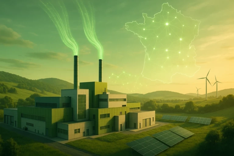 A photorealistic digital illustration of a high-tech French industrial site at sunset. The factory features modern design with soft metallic and concrete textures and is embedded in a gently sloping green valley. Translucent green light streams resembling data flows rise from multiple chimneys. A semi-transparent France-shaped supply chain network map with icons overlays the sky, blending into the golden hour light. Solar fields and wind turbines dot the horizon. Shadows create depth across the architecture. Palette: Aprovall greens, sunset gold, and steel grey. Mood: strategic, sovereign, and sustainable. Created Using: photorealism, ESG symbolism, golden-hour rendering, Nikon Z9 realism, digital overlay transparency, sustainable industry visuals, glibatree prompt, green-tech symbolism, soft-shadow realism, horizon composition, clean energy iconography --ar 16:9